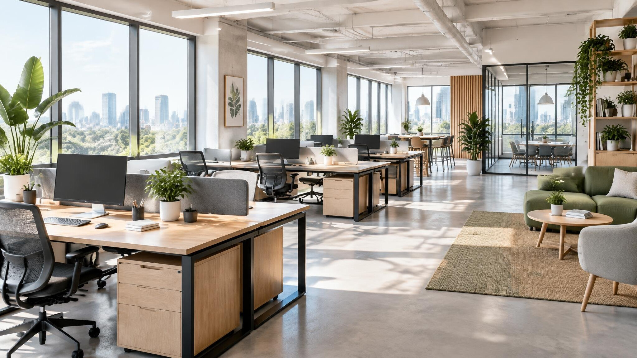 Bright modern office interior with large windows and desks