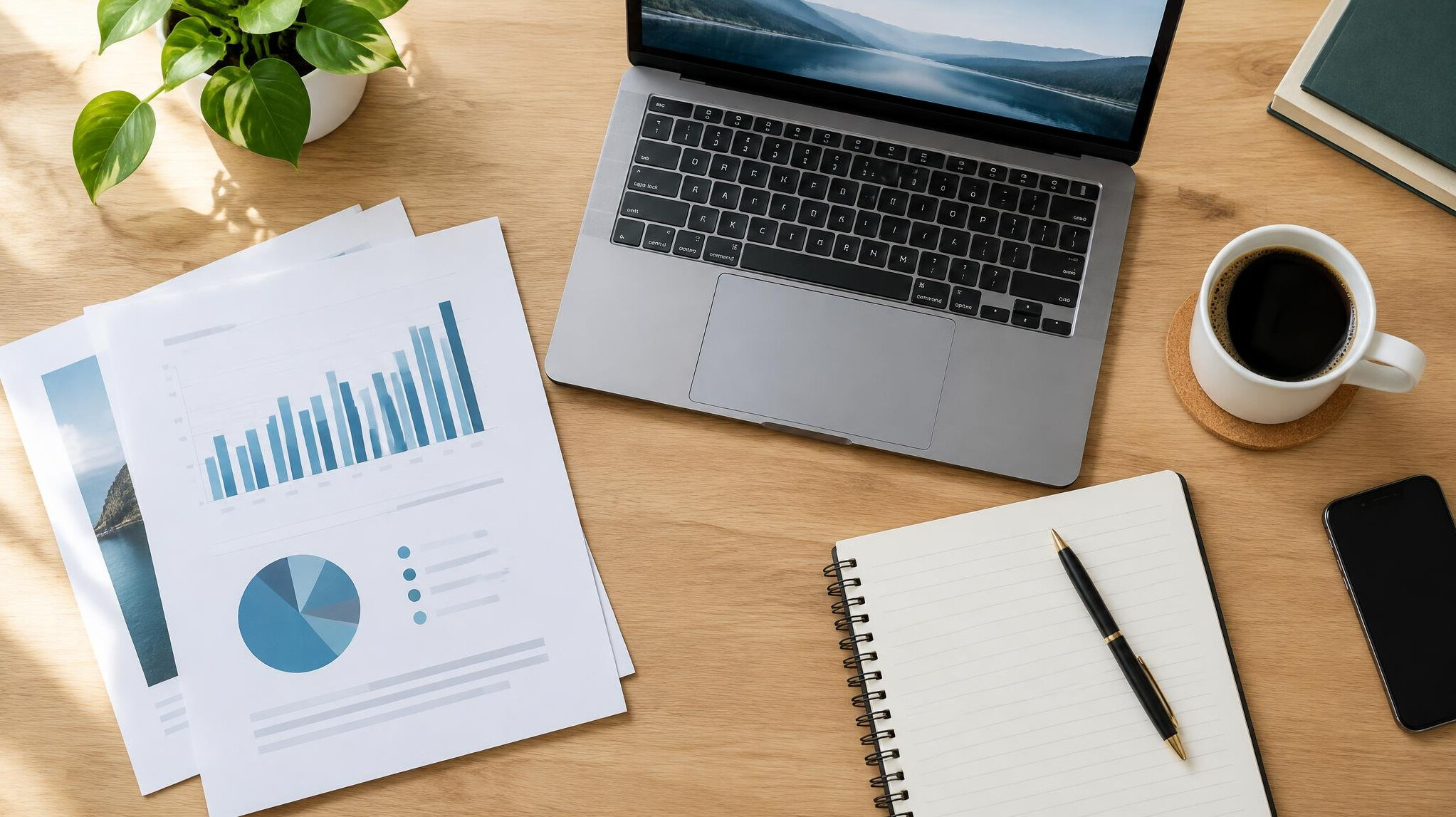 Desk with documents, laptop and calculator being reviewed
