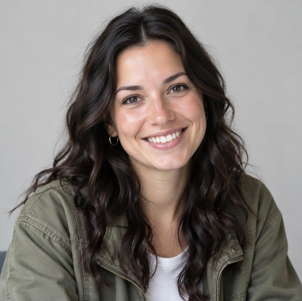 Young woman with dark curly hair smiling portrait