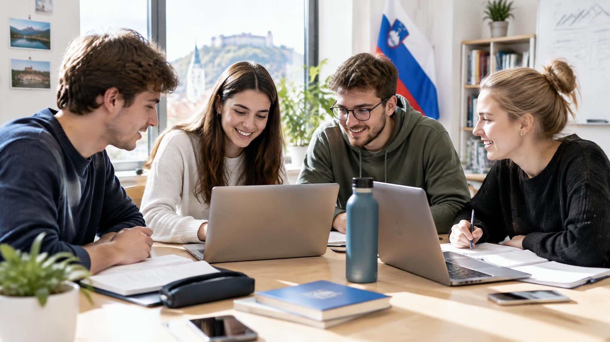 Group of people studying together at a table with laptops
